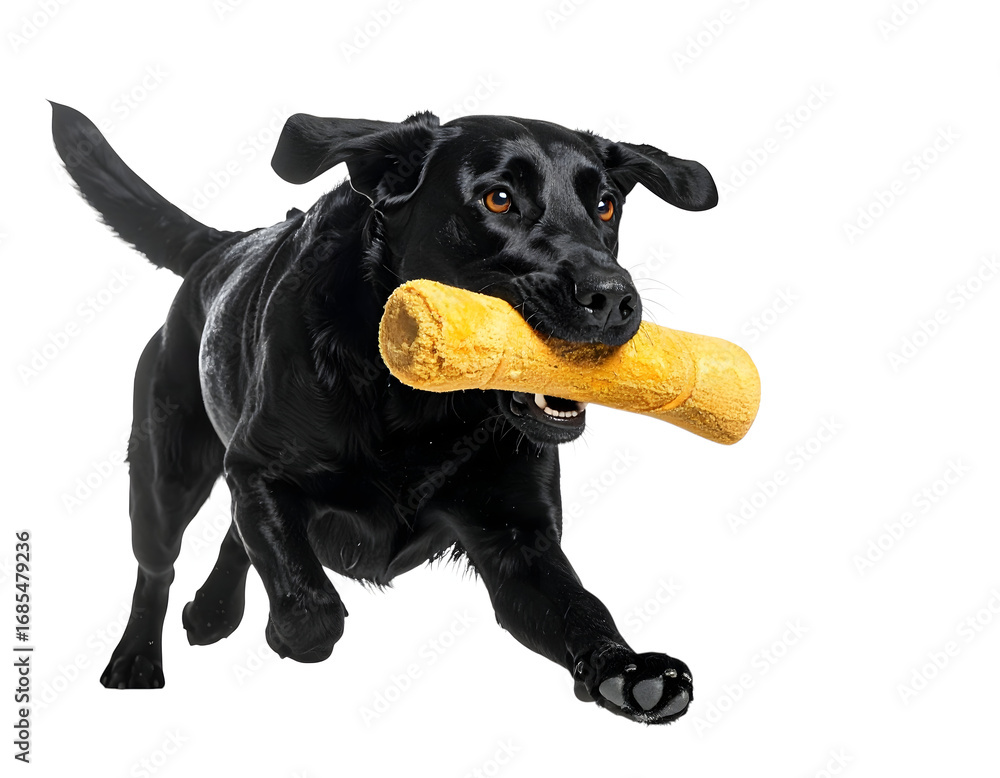 Fototapeta premium Playful Labrador Retrieving Bone: A vibrant shot of a sleek black Labrador, exuding pure canine joy, sprints across the frame, a tempting bone clenched firmly in its jaws.