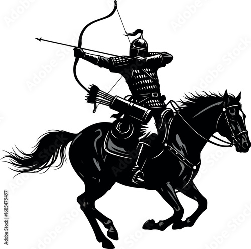 Vector vector art of medieval warrior archer on horseback aiming a bow and arrow, transparent background