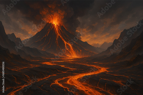 Volcanic Eruption Painting with Flowing Lava Rivers and Dark Cloudy Sky