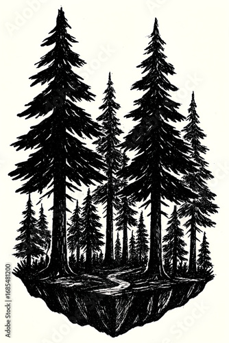 Black and White Pine Tree Forest Illustration on Floating Island with Path