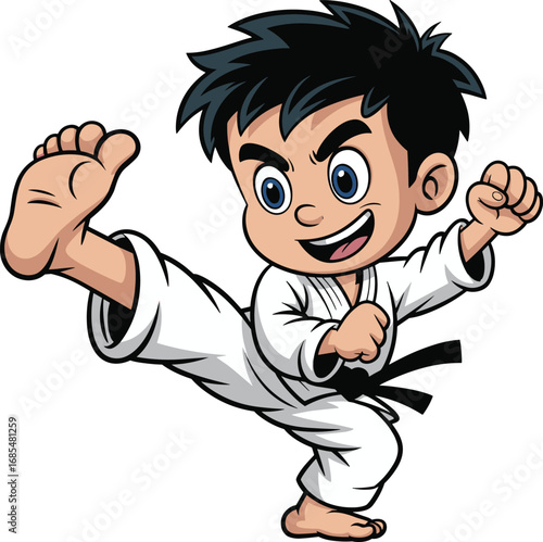 Cartoon martial arts fighter high kick pose, karate black belt character, dynamic action stance, sports training, discipline, fitness, cad drawing flat vector illustration
