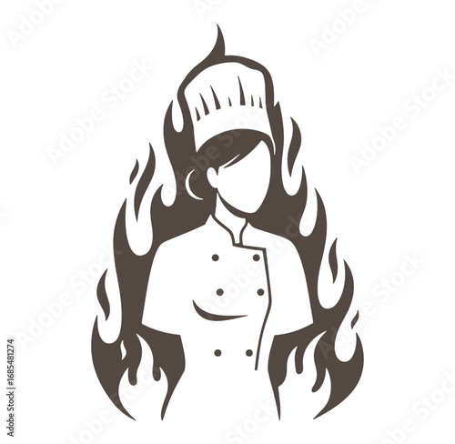 Female chef silhouette enveloped in flames representing passionate culinary expertise