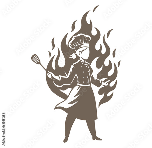 Female chef in a restaurant uniform with flames vector illustration for culinary design