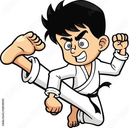 Cartoon martial artist performing high kick in traditional karate gi, black belt fighter action pose, dynamic sports training, flat vector illustration