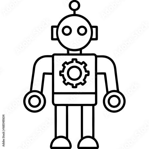 Detailed line art automation robot with gear on chest isolated on transparent background