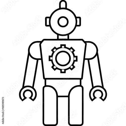 Detailed line art automation bot with gear at chest isolated on transparent background