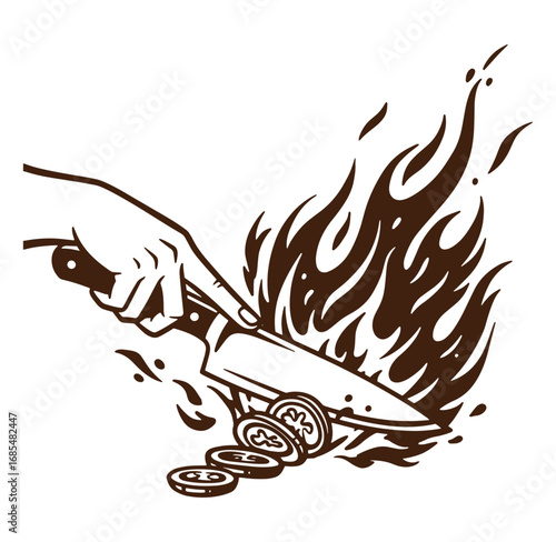 Hand slicing tomato slices with a knife near flames illustration in brown line art