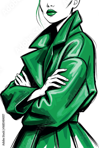 Vector vector art of fashion illustration of a woman in a green coat with arms crossed, transparent background