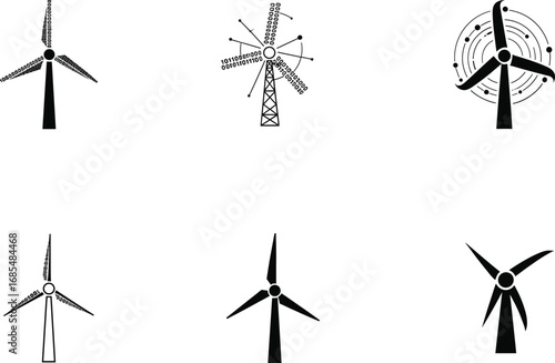 Black and white wind turbine icons, renewable energy symbols, sustainable power generation, eco technology design, clean energy concept, cad drawing flat vector illustration