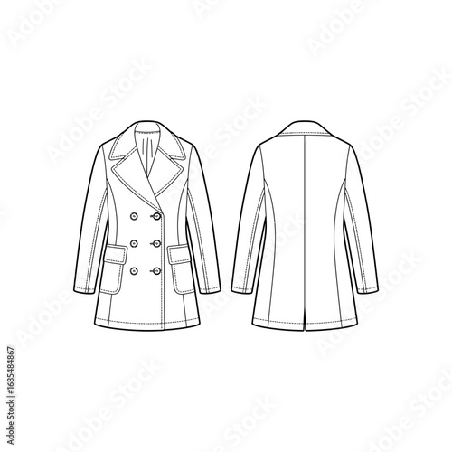 Black and white line drawing of a double breasted trench coat front and back jacket fashion