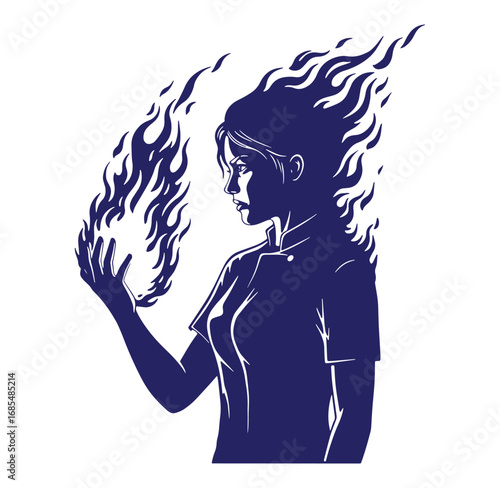 Silhouette of a woman manipulating fire with hair resembling flames in artwork