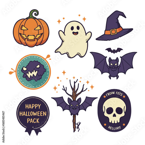 Flat 2D vector Halloween badges: plump pumpkin, playful ghost, swooping bat, and mischievous skull, all in cartoon style with clean outlines and a 3-color palette.