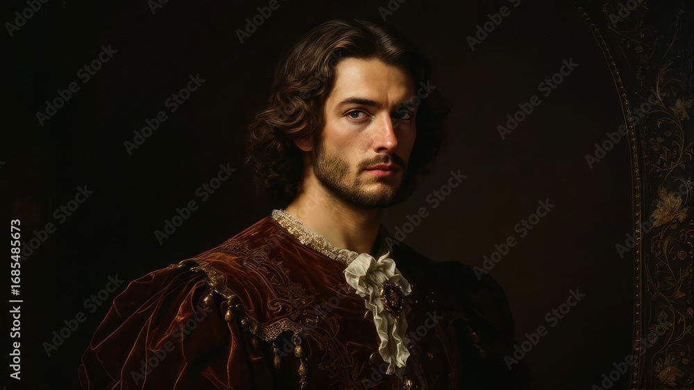 Fototapeta premium Portrait of a man with long brown hair and a beard wearing a renaissance style shirt and dark background