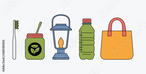 Minimalist Camping Essentials Illustration with Toothbrush Lantern Water Bottle and Tote Bag for Sustainable Outdoor Adventures and Eco Friendly Lifestyle Choices