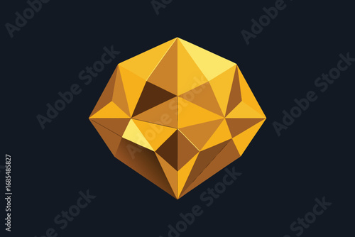 Vector art of a radiant golden geometric diamond shimmers against a dark backdrop, showcasing its intricate facets and creating a captivating display of light and shadow