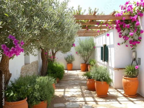 Courtyard with terracotta pots, bougainvillea, olive trees, and a wooden pergola overhead