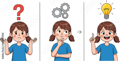 Confused girl thinking and finding solution illustration, problem solving process, idea light bulb concept, creativity, education, learning and brainstorming vector