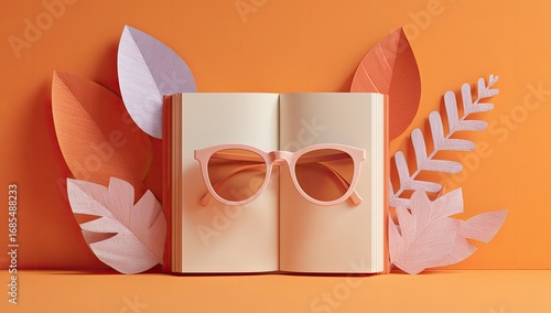 Open book with pink sunglasses and colorful paper leaves on orange background