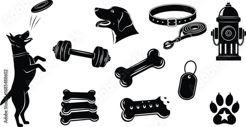 Dog icons set with pet silhouette, bone, paw print, collar, leash, fire hydrant, toy, tag for animal care
