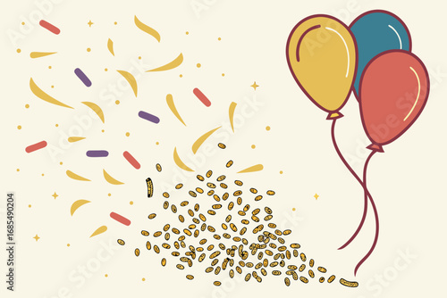 Vector art of festive scene featuring balloons and confetti, ideal for birthday celebrations and party decorations, adding a touch of joy and excitement to any design