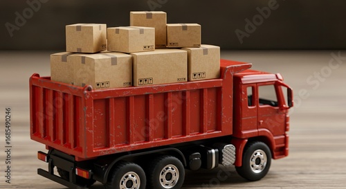Miniature Red Dump Truck Transporting Cardboard Boxes Illustrating Logistics and Delivery Services, Focus on Transportation and Shipment with Packages