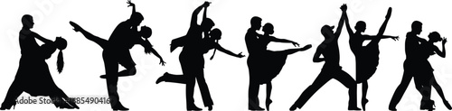 Silhouette dancing couples performing ballroom dance, tango, waltz, salsa, romantic dancers in motion, vector illustration of partner dance poses