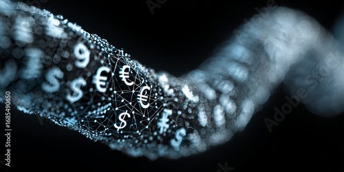 Currency symbols integrated into a digital chain representing global finance and blockchain technology