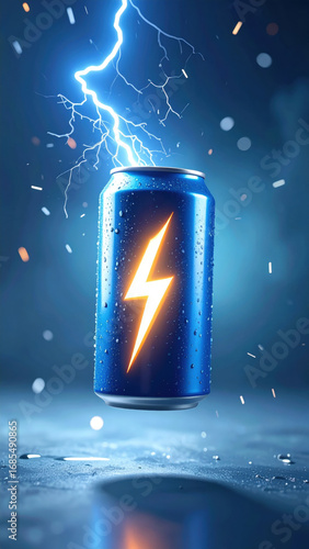 Electric lightning blue aluminum can energy drink power boost glowing bolt floating splash cold condensation spark dramatic night neon refreshment