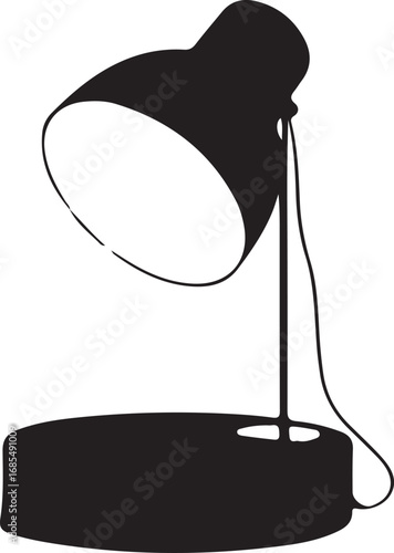 A simple, solid black graphic of a desk lamp. The lamp has a wide, circular base, a straight stand, 
