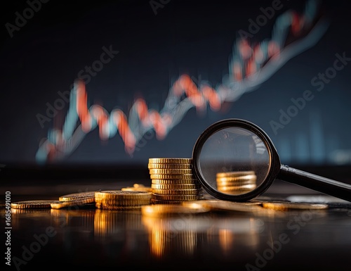 Stacked gold coins under magnifying glass against market graph
