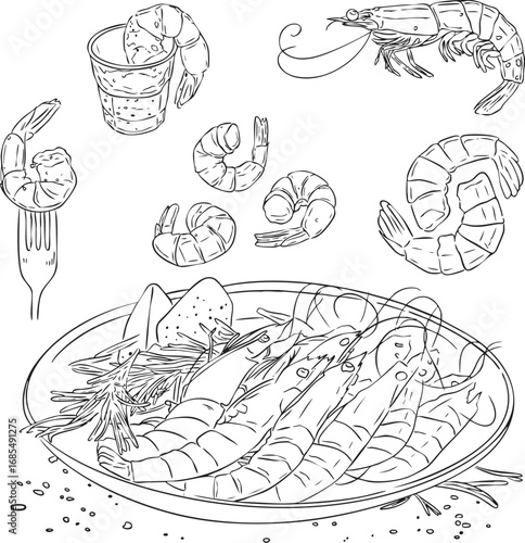 Line Art of Culinary Voyage of Shrimp Dishes