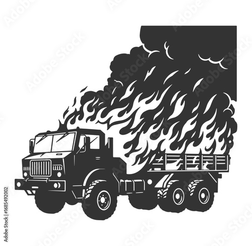 A burning truck illustration depicting disaster and destruction in detailed black and white style