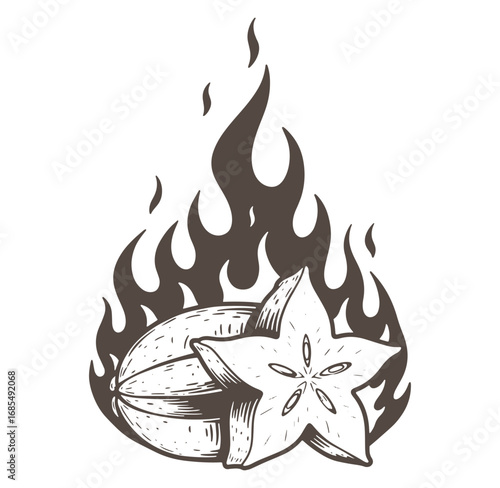 A graphic illustration of a starfruit slice enveloped in flames representing a spicy flavor