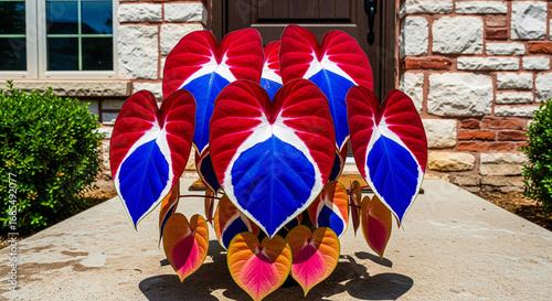 Vibrant Red White Blue Heart-Shaped Caladium Plant, Unique Foliage for Striking Outdoor Front Porch Decor on Stone House