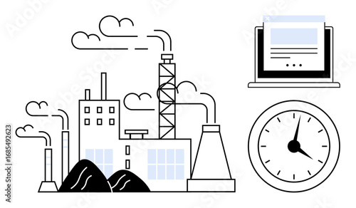 Factory with chimneys emitting smoke, piles of coal, a laptop for digital workflow, and a clock symbolizing time tracking. Ideal for industry, technology, productivity, energy, time efficiency
