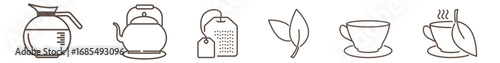 A set of tea making items linear icons isolated on transparent background. Collection includes teapot, cup, tea leaf, tea bag and hot water symbols. Simple outline tea icons set.