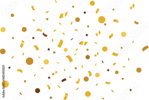 Vector art of a shower of golden confetti falling, the confetti is in various shapes and sizes, creating a festive and celebratory atmosphere