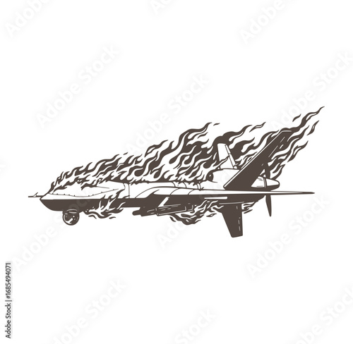 Dramatic illustration of a burning fighter jet engulfed in flames vector graphic.