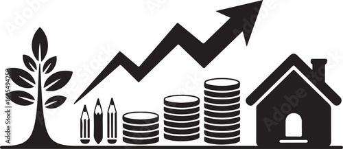 Investment and Growth Icons Set Showcasing Financial Increase and Property Development