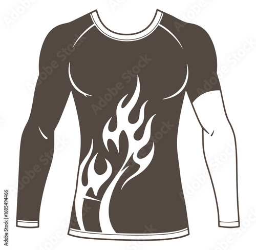 Graphic representation of a long-sleeved rash guard with flame design for sports apparel