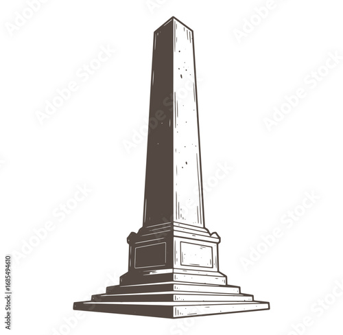 Hand drawn vintage style illustration of a tall obelisk monument with detailed architectural design