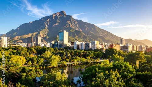 Panoramic city view with mountain backdrop