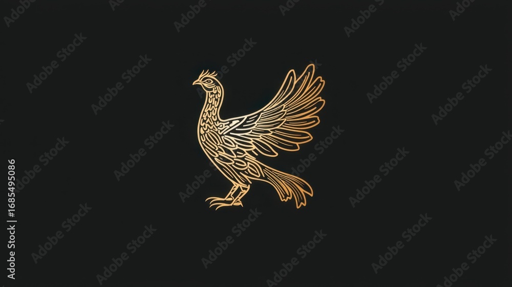 Fototapeta premium Elegant gold bird illustration on a black background showcasing detailed feather patterns and graceful posture