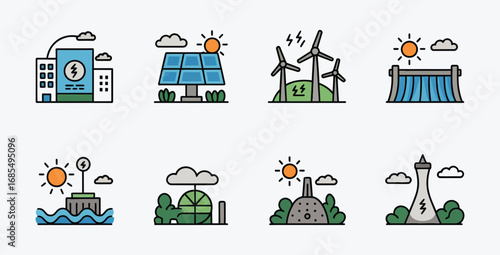 Vector illustration depicting various renewable energy sources like solar wind hydroelectric geothermal and nuclear offering a diverse portfolio for sustainable power generation
