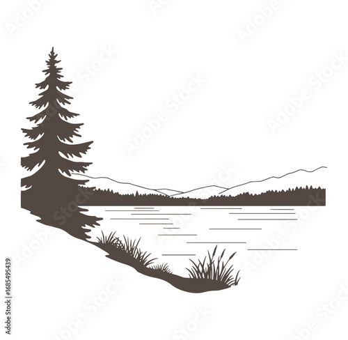 Silhouette depiction of a tranquil lakeside scene with evergreen trees and mountainous background