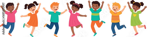 Vector vector art of diverse group of happy children jumping and cheering, transparent background