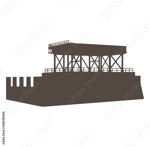 Silhouette illustration of an elevated wooden structure suggestive of a dock or pier
