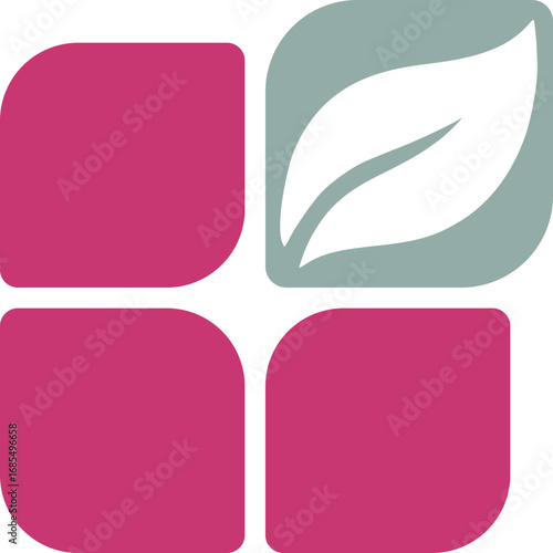 Minimalist logo with leaf symbol and colored blocks, eco, healty and nature design