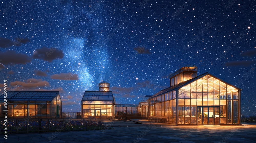 Obraz premium Stars illuminate modern greenhouse structures at night in a serene rural setting