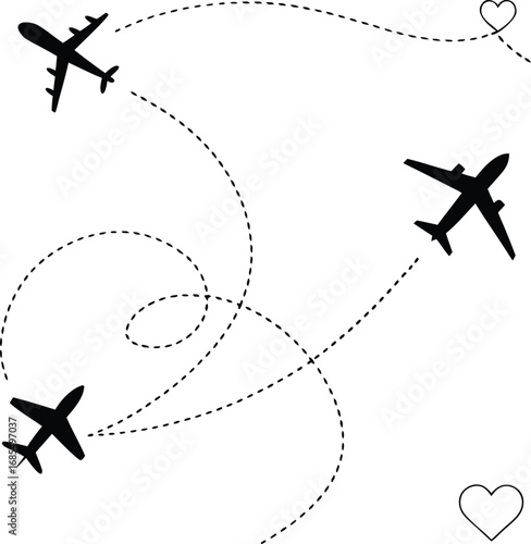 Minimalist Airplane Silhouettes – Vector Illustration with Dotted Flight Paths